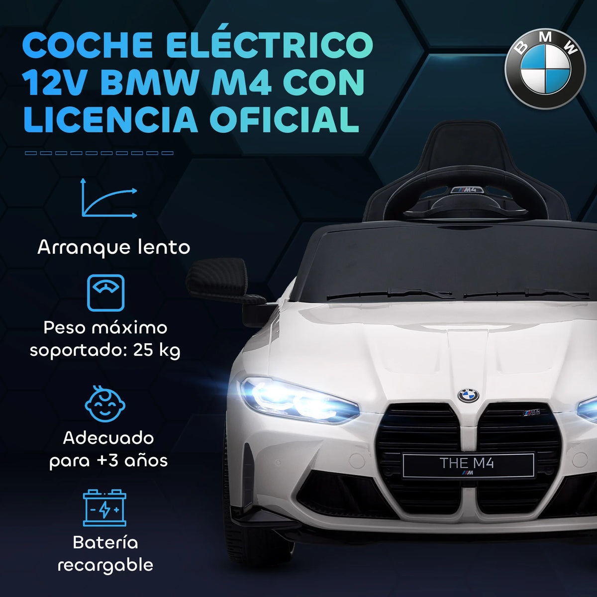 Battery Car for Children 12V Bmw M4 with Headlights Horn Music Speed 3-5 Km/H White