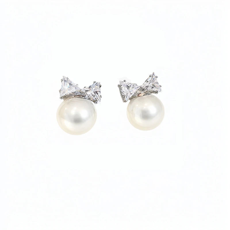 Sweet Shiny Bow Stud Earrings Women Zircon Pearl Small Earrings Elegant Delicate Versatile Christmas Party Jewelry Accessories