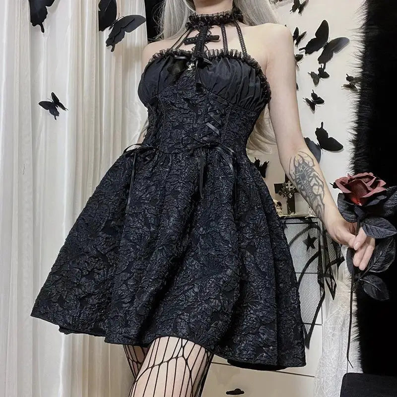 Mall Gothic Emo Jacquard A-line Dresses Goth dress Elegant Grunge Ruched Bandage Partywear Punk Black Women Halloween Club Dress
