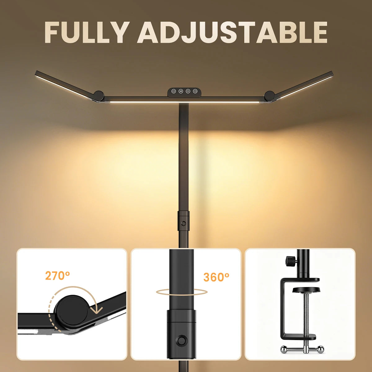 3 Head LED Desk Lamp with Clamp, Flexible 360° Adjustable Stand & Foldable Light, Stepless Dimming Reading Lamp for Home Office