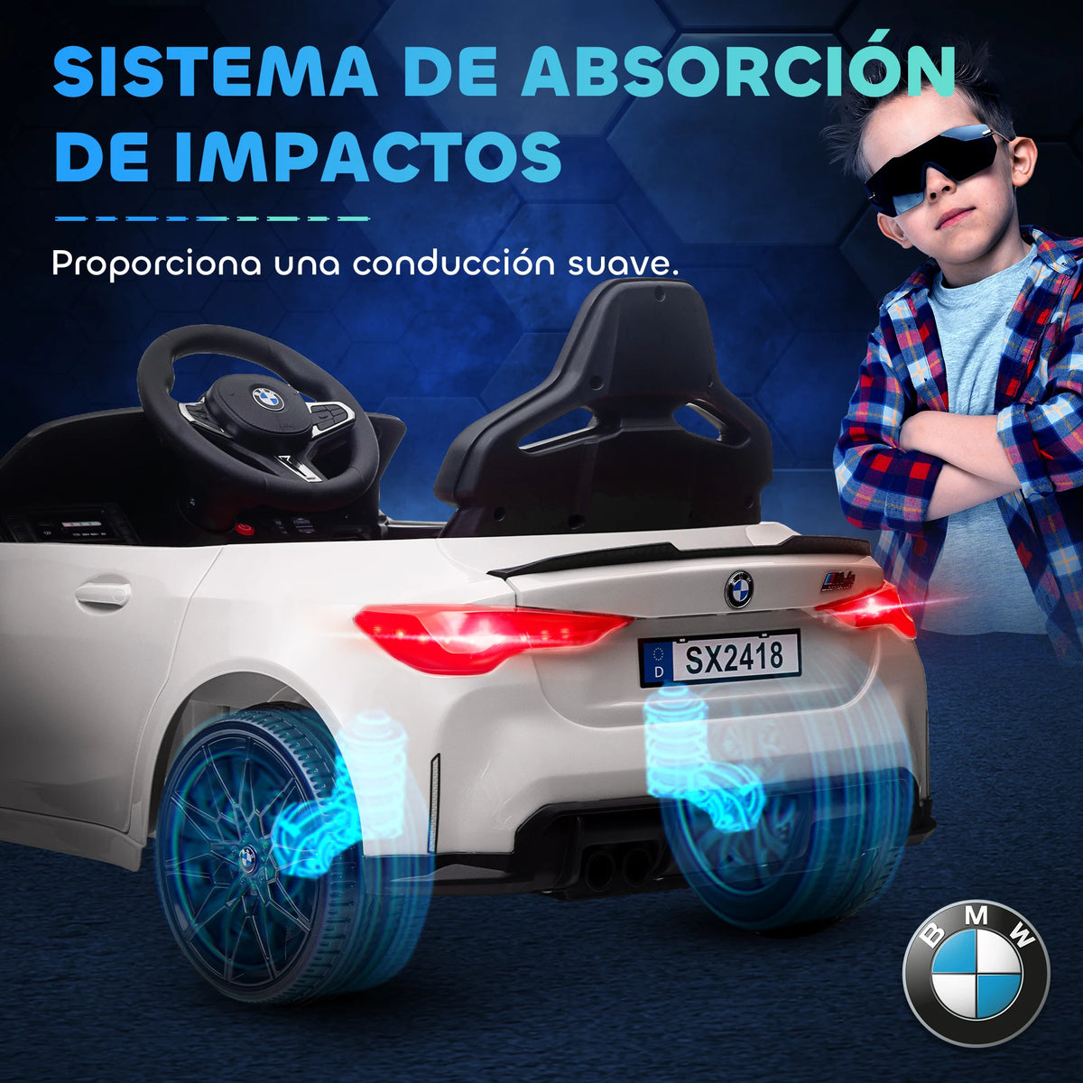 Battery Car for Children 12V Bmw M4 with Headlights Horn Music Speed 3-5 Km/H White