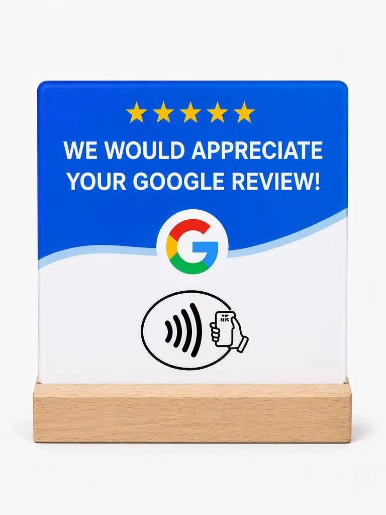 4-Pack Acrylic NFC Google Review Cards with Four Wooden Bases Included for Interactive Feedback And Reviews