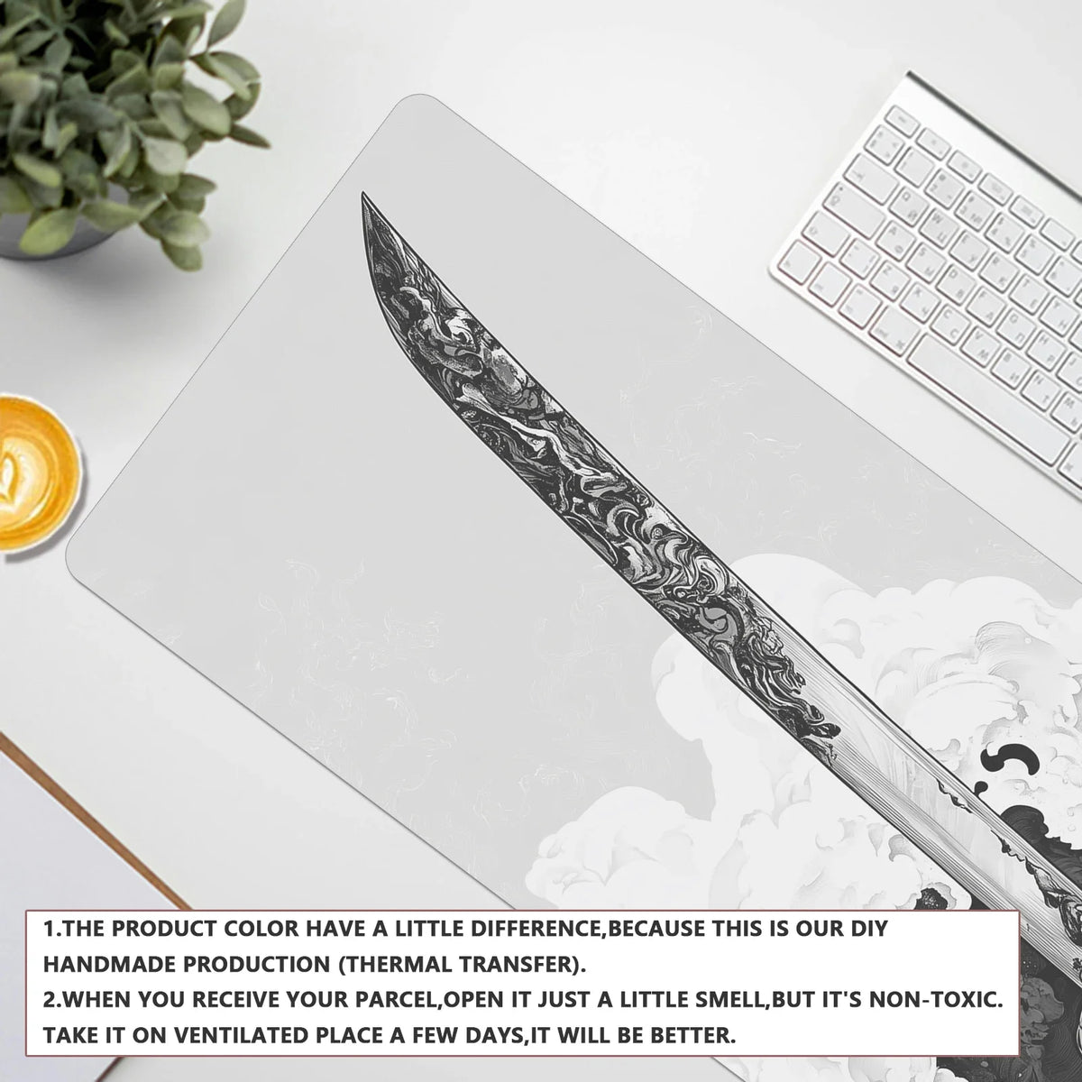 Black And White Comic Wind Sword Model Keyboard Mouse Pad Desk Mat Gaming Mouse Pad Non Slip Rubber Base Stitched Edges
