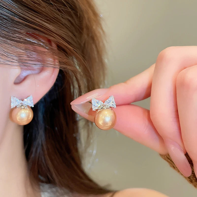 Sweet Shiny Bow Stud Earrings Women Zircon Pearl Small Earrings Elegant Delicate Versatile Christmas Party Jewelry Accessories