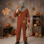 Halloween Scarecrow Sam Cosplay Costume 3‑Pcs Jumpsuit Mask Sack Trick or Treat Horror Role‑Play Outfit for Party Sam in Stock