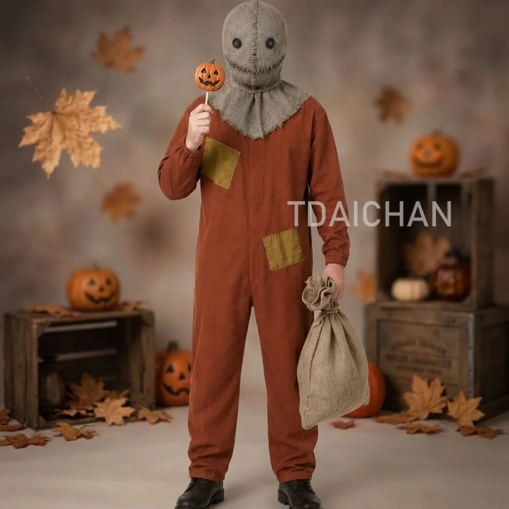 Halloween Scarecrow Sam Cosplay Costume 3‑Pcs Jumpsuit Mask Sack Trick or Treat Horror Role‑Play Outfit for Party Sam in Stock