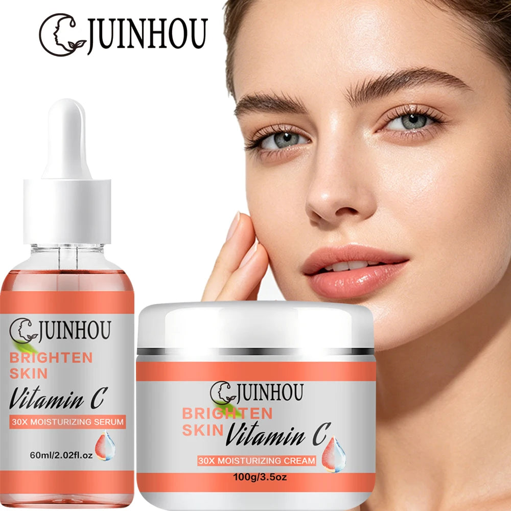 JUINHOU Vitamin C Skin Care Serum Cream Set Brighten Moisturizing Oil-Control Improve Uneven Skin Tone For Dull Skin Daily Care