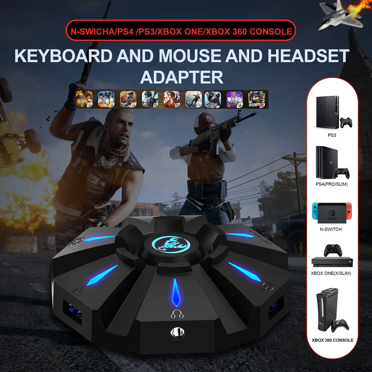 RGB Backlit Gaming Keyboard And Mouse Combo One-Handed Keypad with 3200 DPI Mouse Game Converter for PS4 Xbox Nintendo Switch