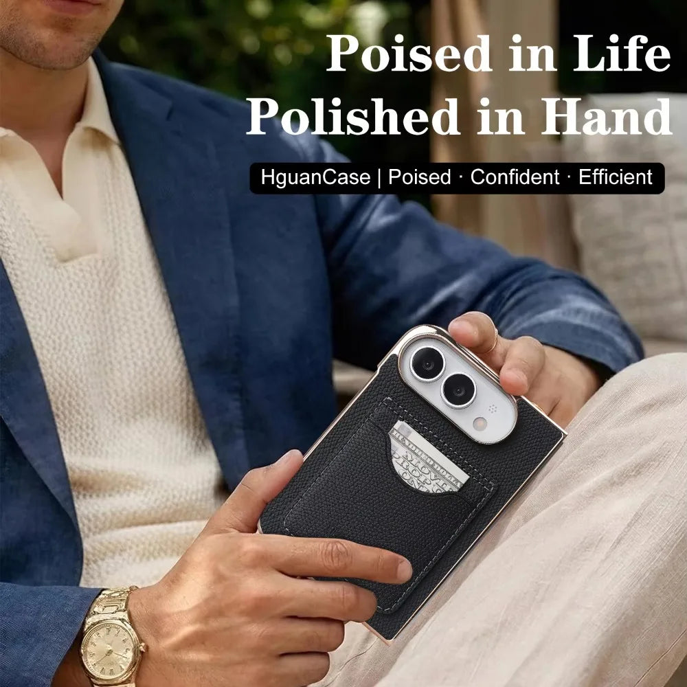 Matte PU Leather Card Phone Case For iPhone Duo 18 Fold Electroplated Frame Foldable Kickstand Drop Protection Cover