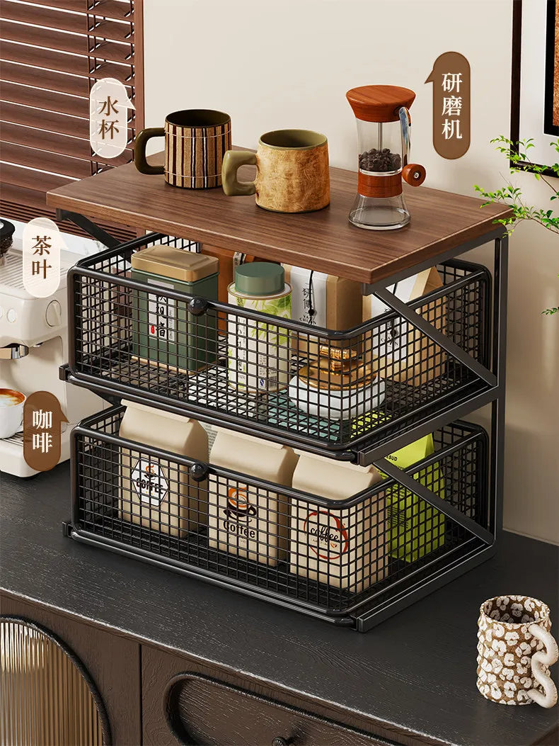 Kitchen Counter Shelf Organizer Ironwood Drawer Storage Rack Coffee Accessories Station for Room and Pantry Home Storage