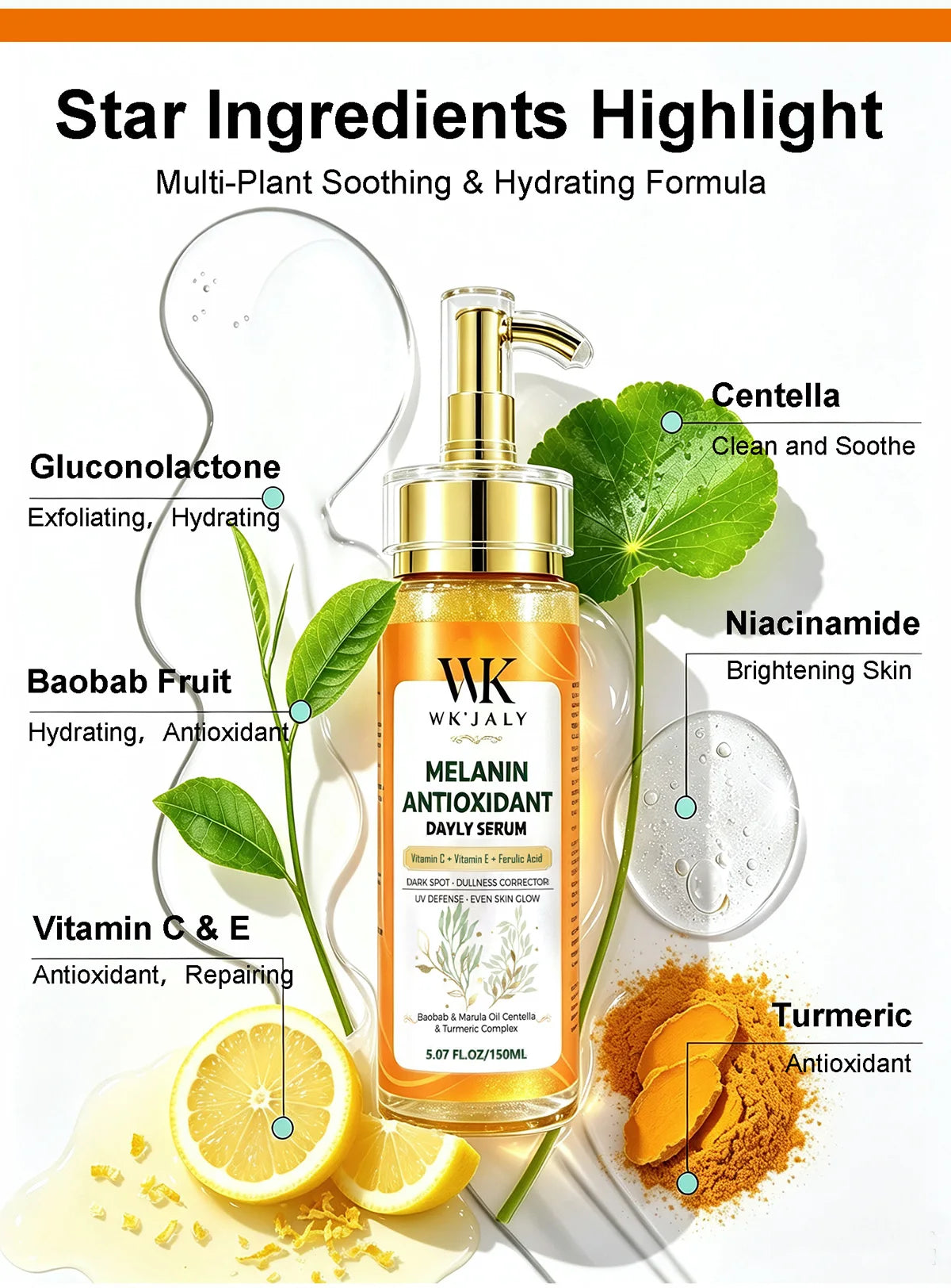 WK JALY Dark Spot Correcting Day and Night Serum, With Turmeric, Vitamin C, Moisturizing, Lightening, Even Skin Tone Essence