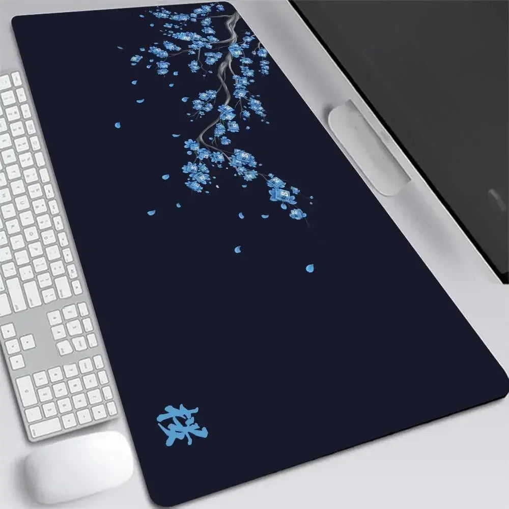 Alfombrilla de ratón XXL japonesa de flor de cerezo, gris, para laptops, escritorio de juego, sakura, anime, alfombra de oficina, gamer, teclados, computadoras y escritorios