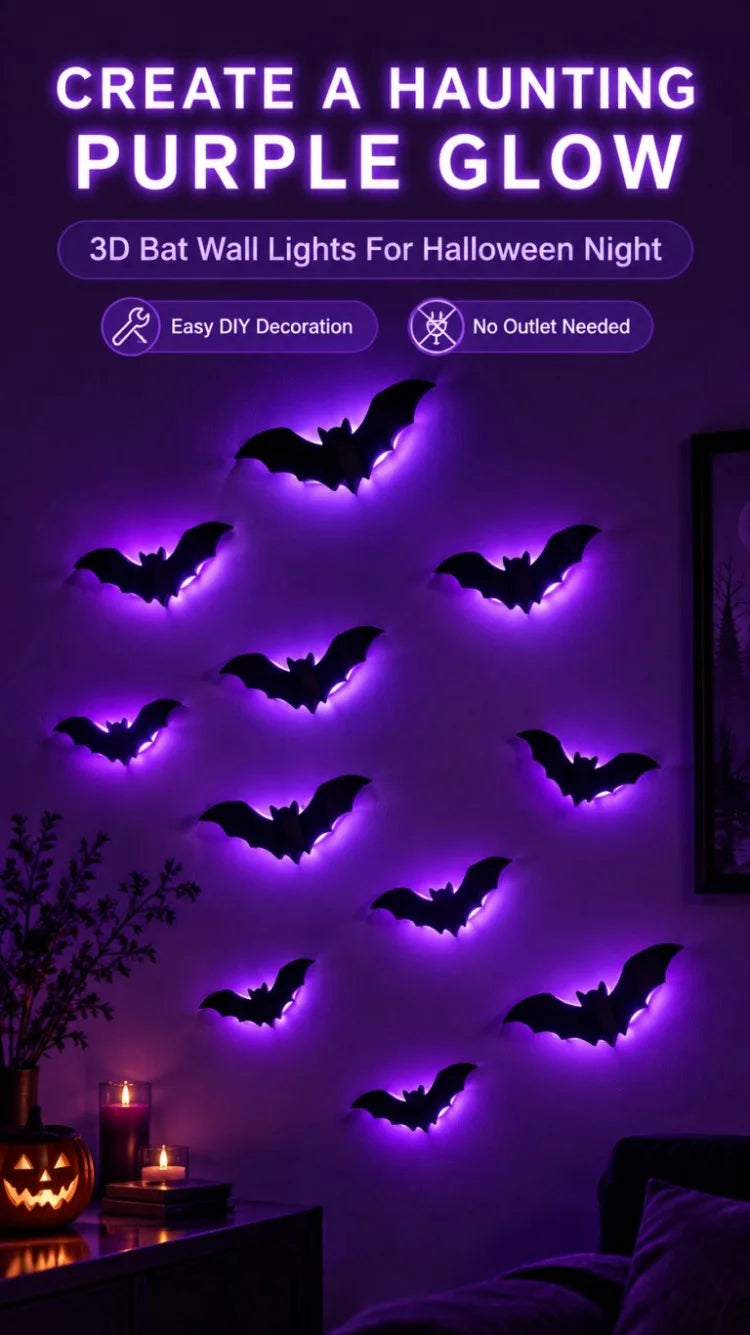 Halloween 3D Bat LED Night Light Wall Decal Self-adhesive LED Wall Decor Lamp Light Up Flashing Modes for Party Indoor Decor