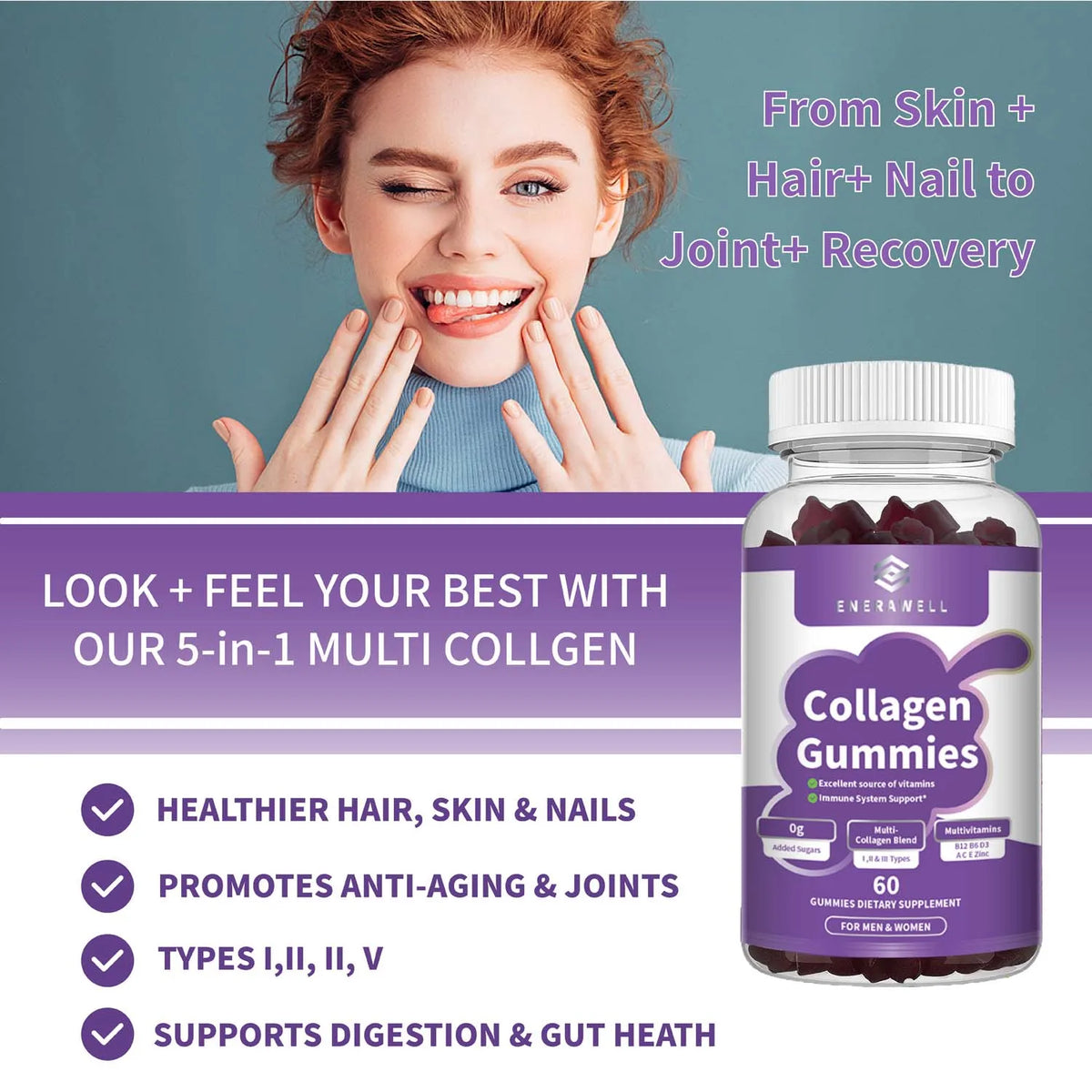 Collagen Complex Gummies, with Biotin & Vitamin C, Supports Skin, Hair, Nail, Joint Wellness, Gut Health & Digestion, Anti-Aging