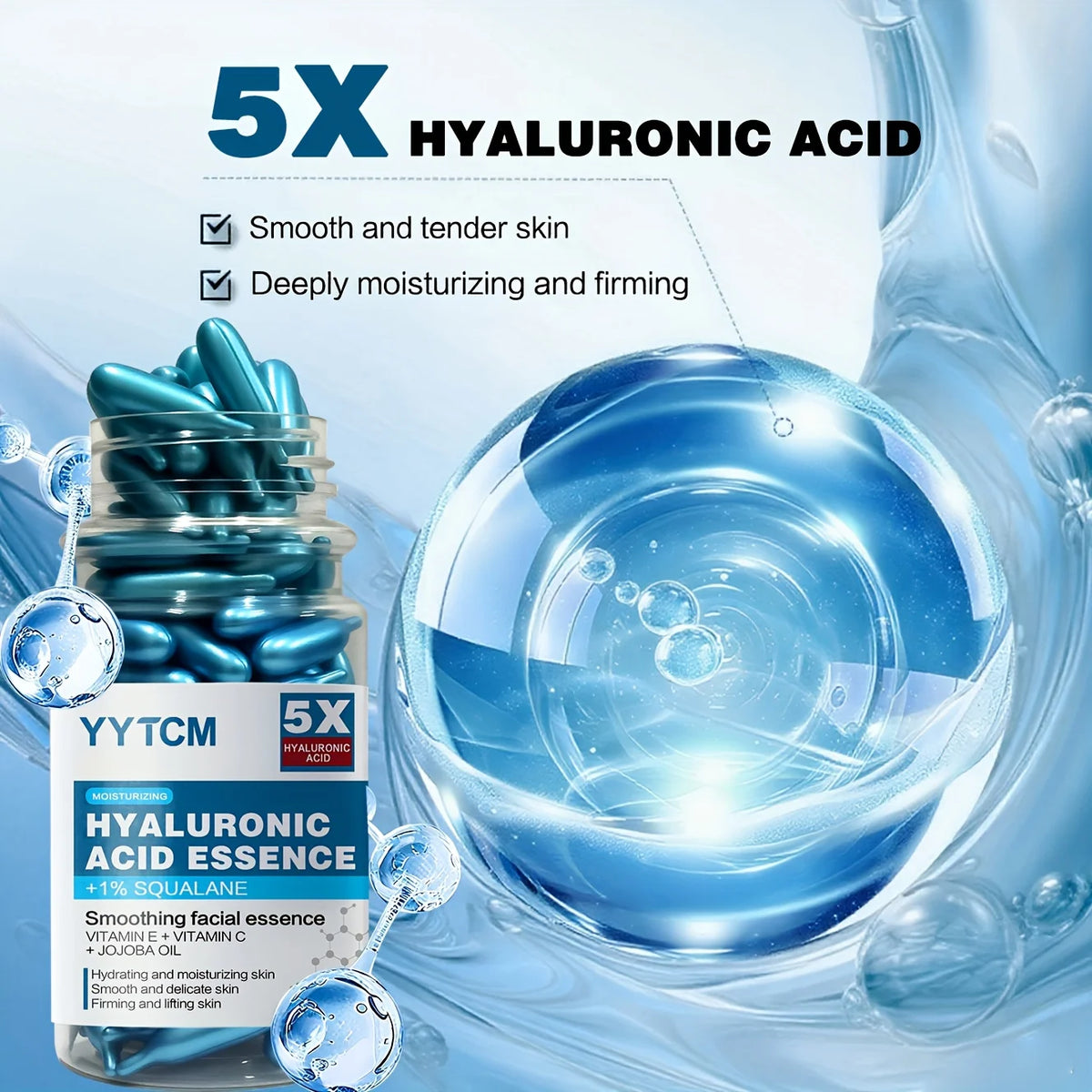 Hyaluronic Acid Deep Moisturizing Capsule Essence, Hydrates and Smoothes the Skin, Contains Plant-Derived Squalane, Vitamin E, Vi