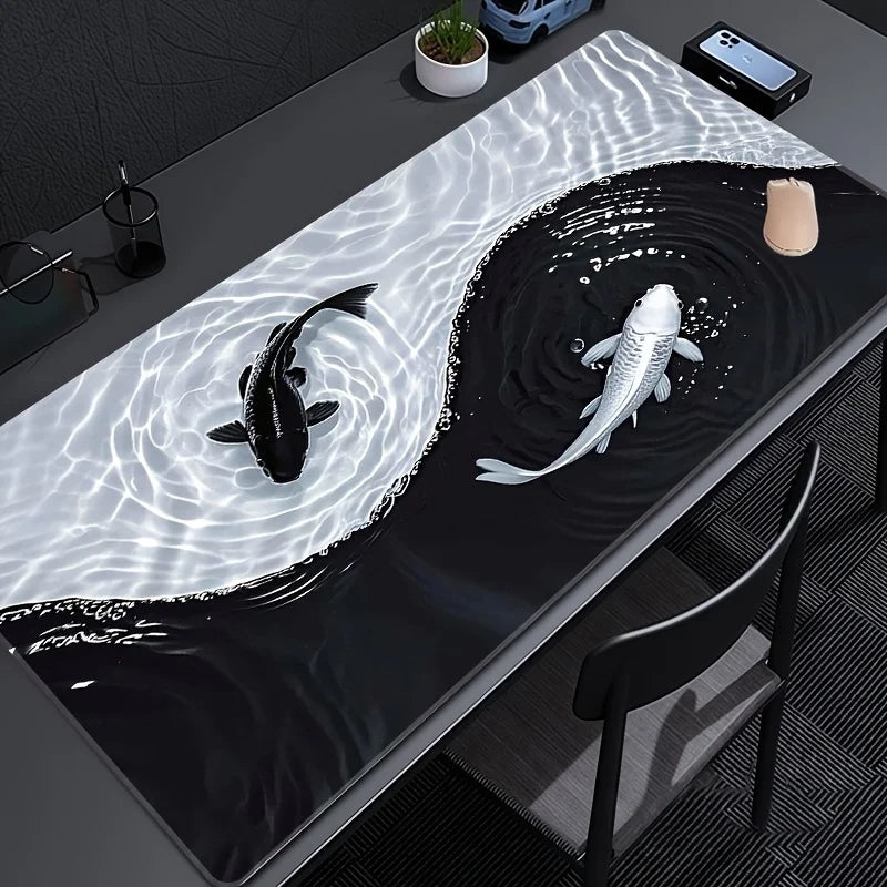 Tai Chi Koi Patterned Gaming Mouse Pad Non-Slip Rubber Base Precision Stitched Edges Waterproof Rectangular Desk Mat Office Game