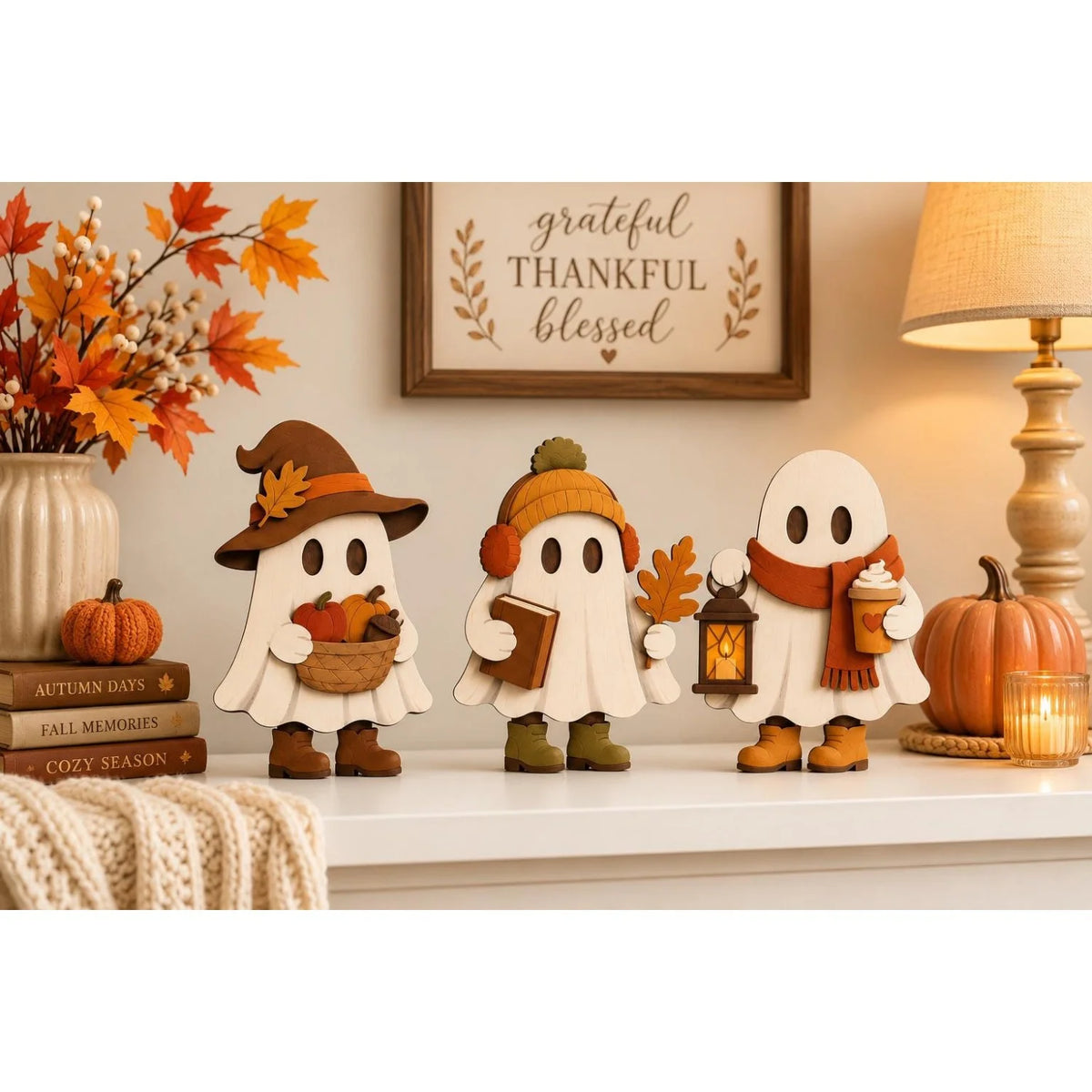 Wooden Autumn Three-Piece Decorative Ornaments, Cute Autumn Shelf Decorations, Suitable for Halloween, Christmas, Thanksgiving Table Decorations, Office Desk, Living Room, Dining Room Decorations, Home Decor, Party Decoration