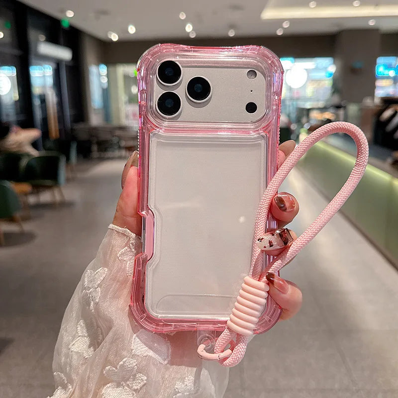 Luxury 3in1 Clear Anti-Drop Phone Case for iPhone 18 17 16 15 14 Plus 13 Pro Max Candy Colour Frame Wrist Strap Protection Cover
