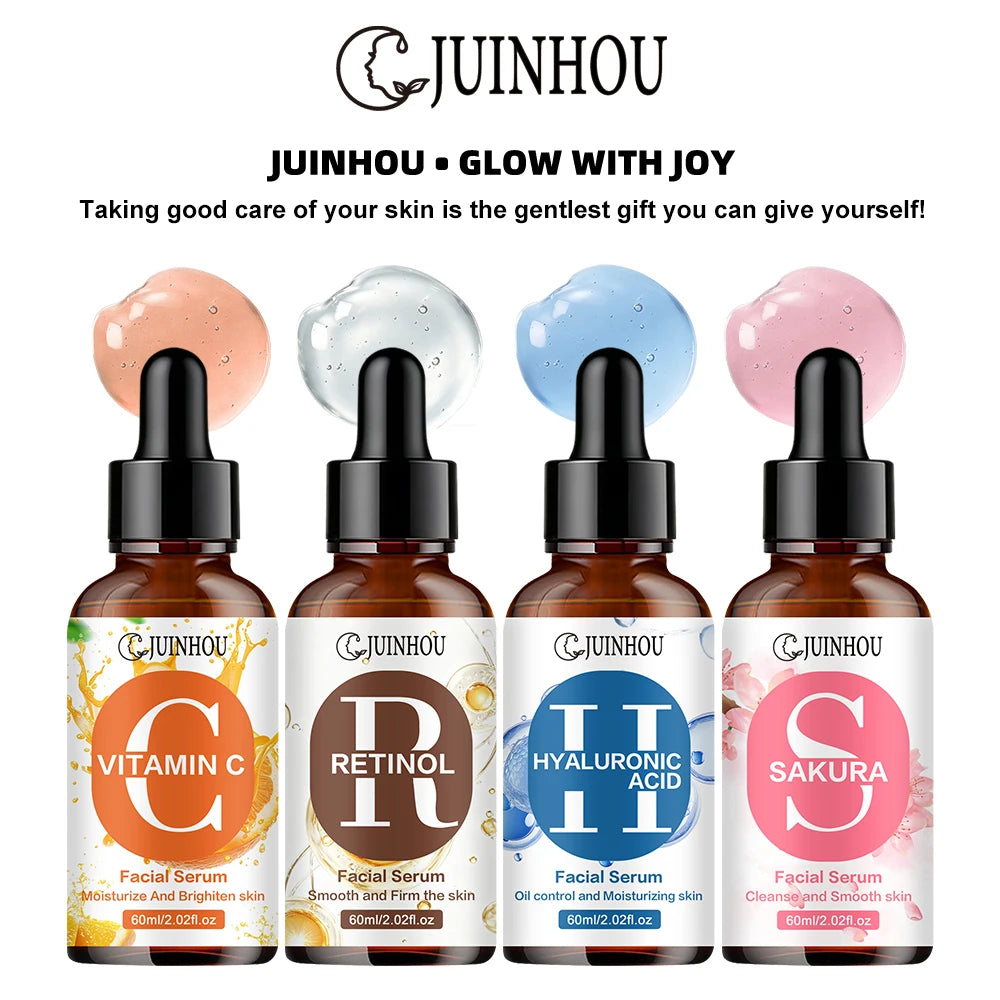 JUINHOU 4pcs Vitamin C + Retinol +Sakura + Hyaluronic Acid Serum Brightening & Hydration Combo Supple Skin For All Skin Type