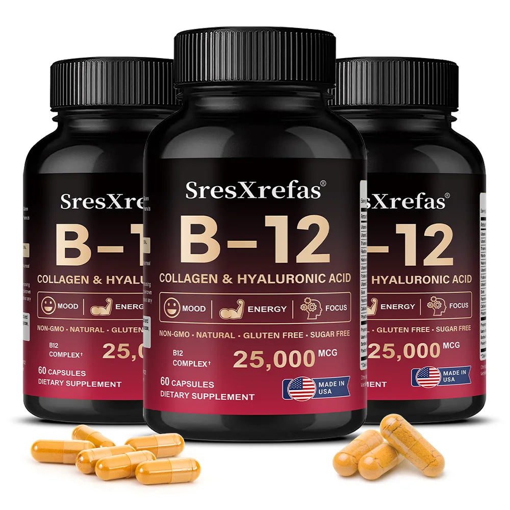 Vitamin B12 with Collagen,  Hyaluronic Acid - Supports Energy, Focus, Mood, Nervous System & Immune Health, Relieves Fatigue