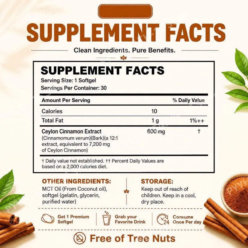 Ceylon Cinnamon Softgels with MCT Oil for Metabolism Support, Highly Bioavailable, Non-GMO, Gluten-Free, 30 Softgels