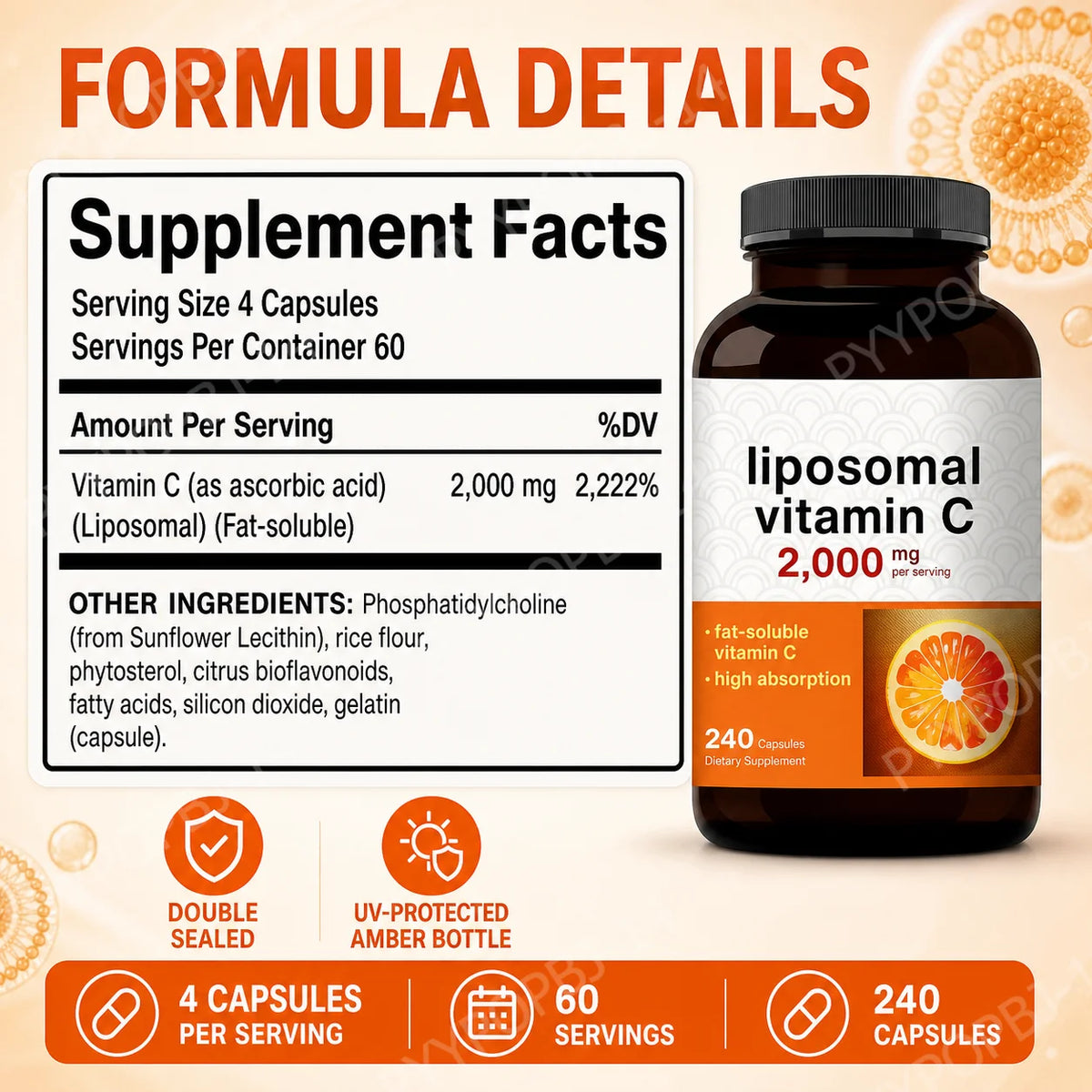 Liposomal Vitamin C 2000mg High Absorption Fat-Soluble 240 Capsules 60 Servings Non-GMO Gluten Free