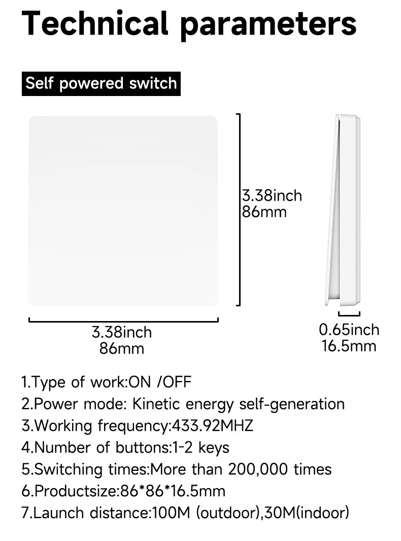 Self-powered Wireless Wall Switch No Battery Required 86Type RF433Mhz Waterproof Wall Switch
