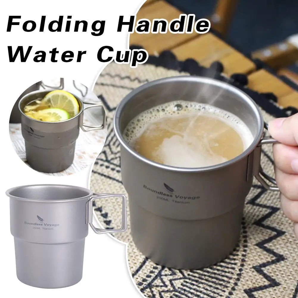 Pure Titanium Camping Cup with Lid Foldable Handle Lightweight Single Wall Mug Open Fire Coffee Tea Cup for Hiking Backpacking