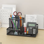 Black Mesh Office Caddy – Desk Organizer with Pencil Holder & Storage Baskets, 3 Compartments for Desktop Accessories