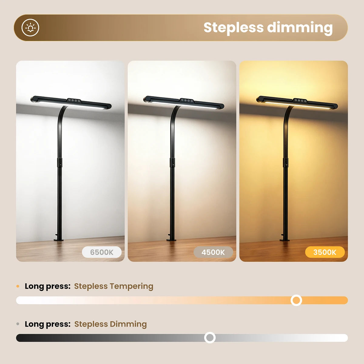 3 Head LED Desk Lamp with Clamp, Flexible 360° Adjustable Stand & Foldable Light, Stepless Dimming Reading Lamp for Home Office