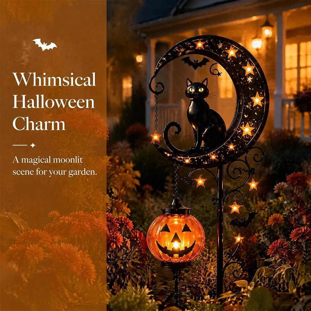 Solar Halloween Black Cat & Pumpkin Moon Garden Stake Light, Solar Garden Decoration, Outdoor Waterproof Metal Pumpkin Stake