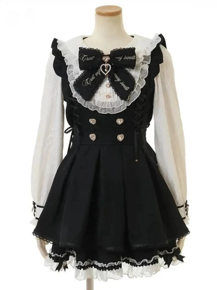 Y2k Aesthetic Lolita Style Bow Dress Shorts Set Japanese Women Gothic Lace Flare Sleeve Button Shirt Dress Punk Party Mini Dress