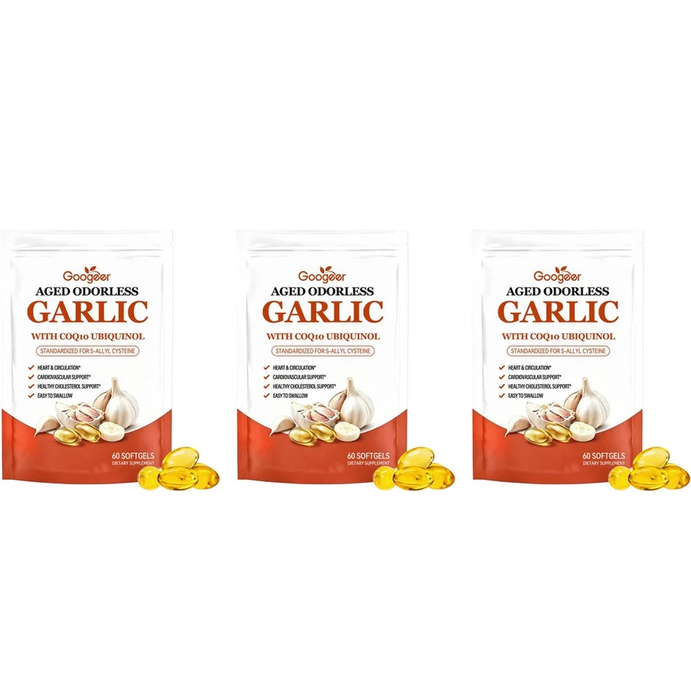 Googeer Aged Odorless Garlic Softgels with CoQ10 Ubiquinol Vitamin K2 (MK-7) for Circulation & Cholesterol Support 60 Softgels