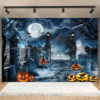 Horror Halloween Photography Background Moon Night Castle Forest Pumpkin Lantern Skeleton Family Party Photo Backdrop Decoration