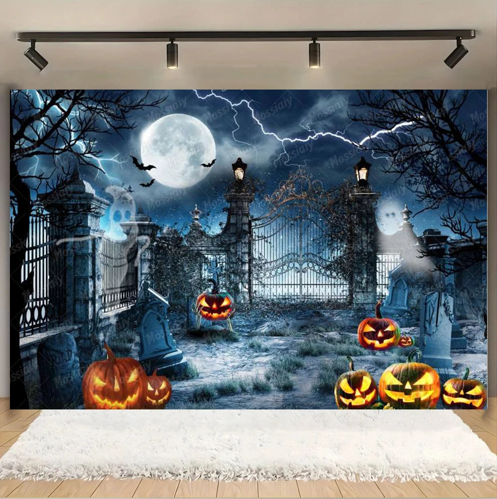 Horror Halloween Photography Background Moon Night Castle Forest Pumpkin Lantern Skeleton Family Party Photo Backdrop Decoration