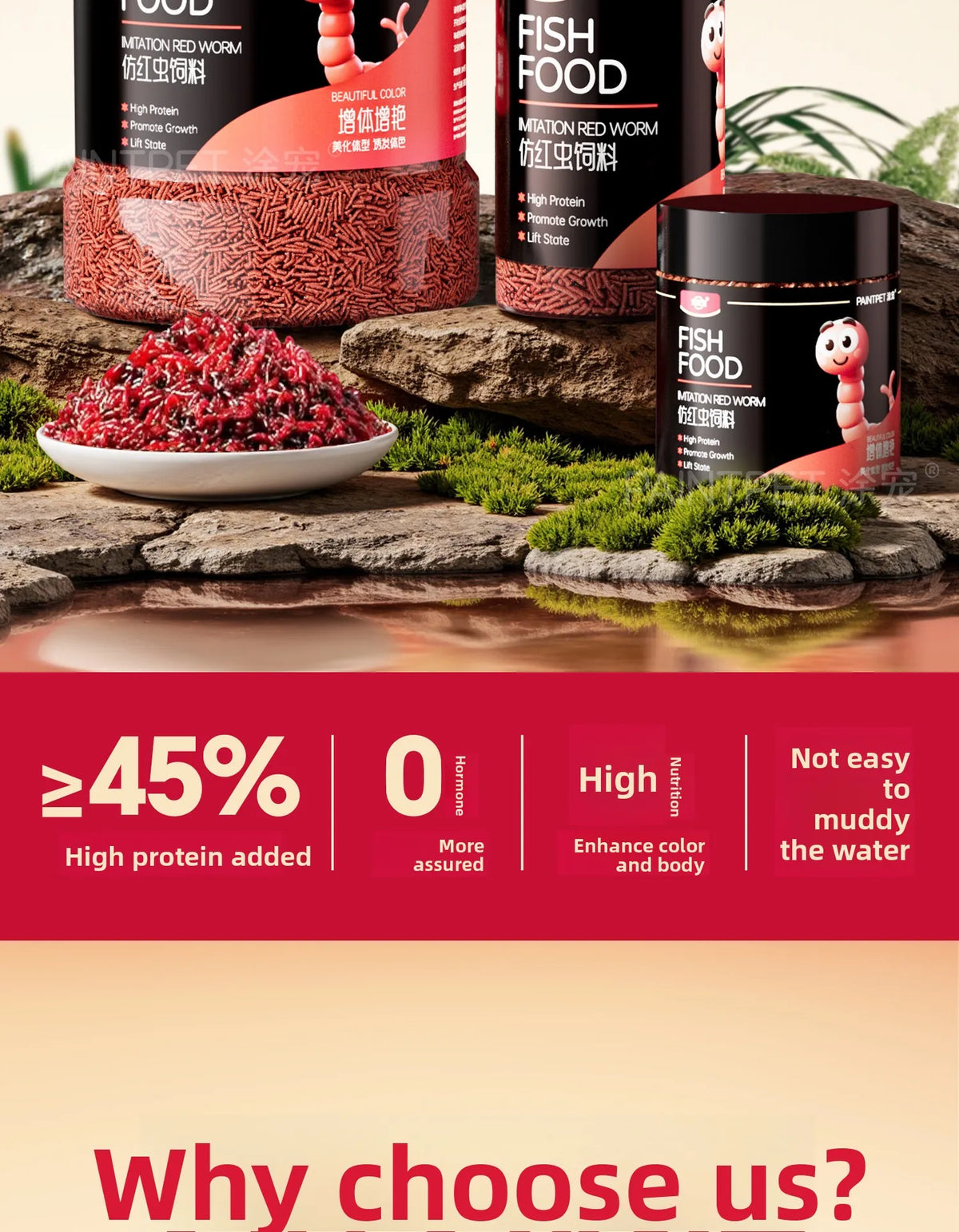 PAINTPET Bio-Mimetic Bloodworm Fish Food, Slow Sinking Protein Pellets for Tropical Fish, Universal Diet for Guppy, Tetra, Betta