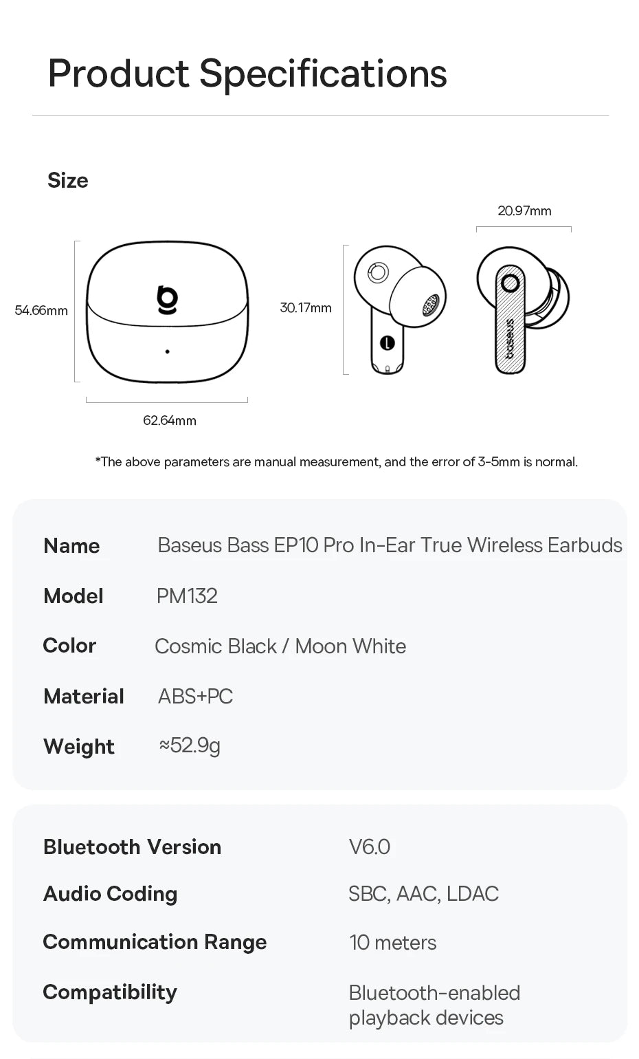 Baseus EP10 Pro ANC Wireless Earbuds Bluetooth 6.0 LDAC Hi Res IP55 12H 55H
