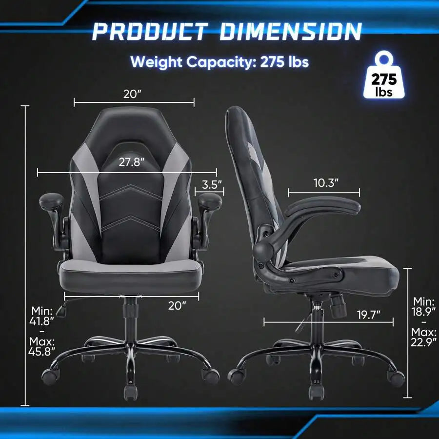 Big And Tall Office Desk Leather Gaming Computer Chair With Adjustable Swivel Task And Flip-Up Arms For Adults