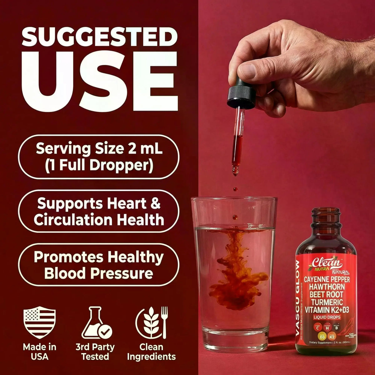 Clean Nutra Cayenne Pepper Supplement Drops + Hawthorn, Beet Root,Turmeric, Vitamin D3 K2 & More for Wellness Liquid Drop – Vascu Glow