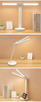 LED Desk Lamp USB Dimmable Touch Foldable Table Lamp with Calendar Temperature Clock Night Light for Study Reading Lamp