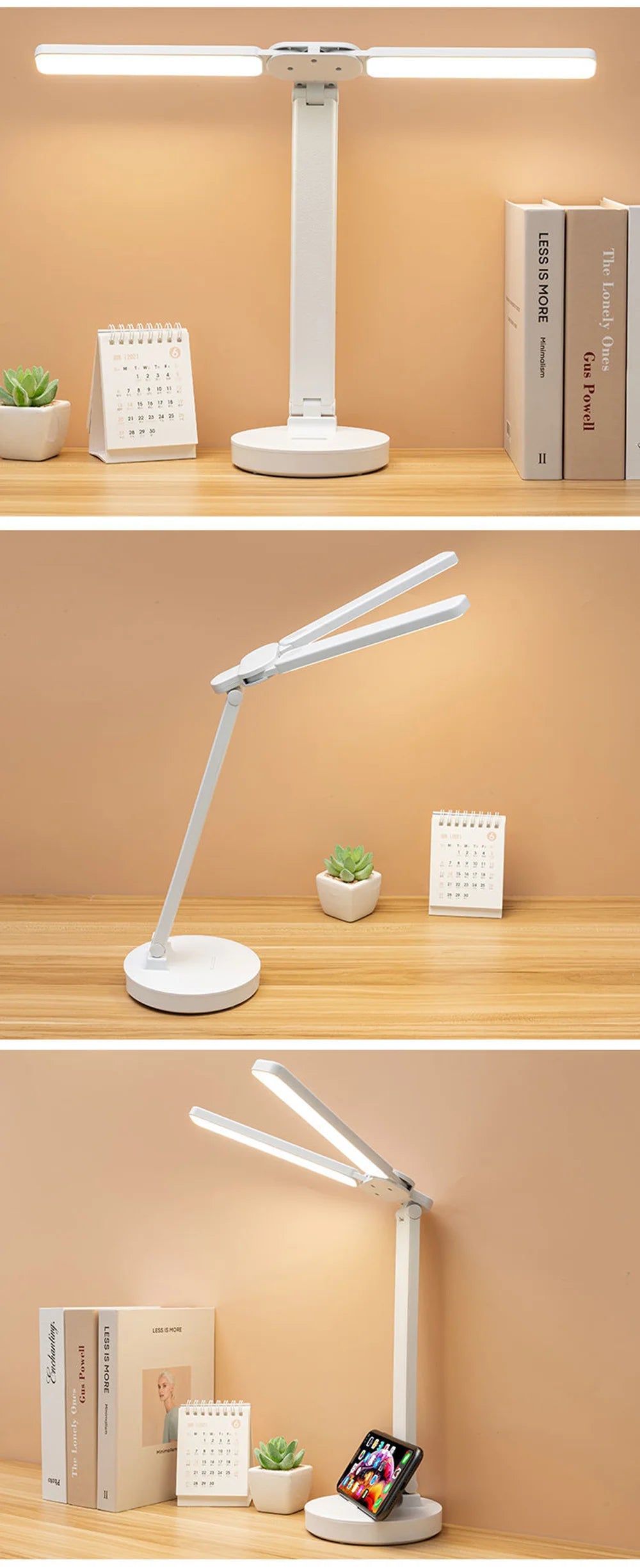 LED Desk Lamp USB Dimmable Touch Foldable Table Lamp with Calendar Temperature Clock Night Light for Study Reading Lamp