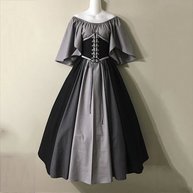 Women Patchwork Medieval Renaissance Dress Halloween Gothic off Shoulder Retro Long Dress