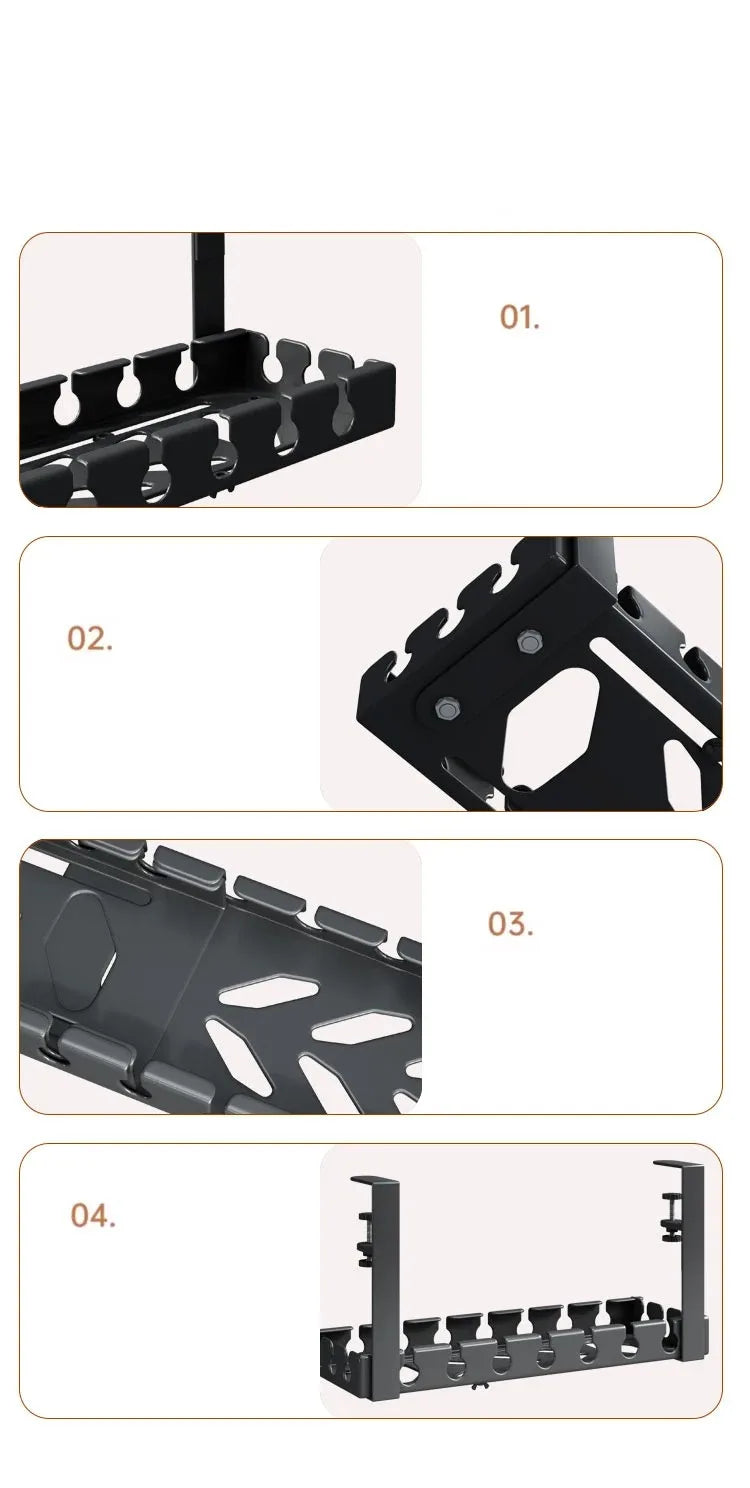 Retractable No Drill Clamp On Under Desk Cable Tray Metal Power Strip Wire Organizer Router Cord Storage Holder