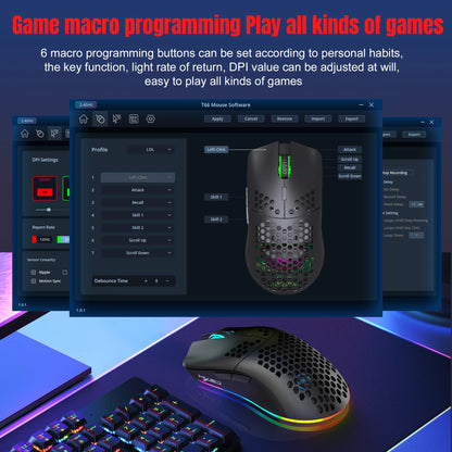 HXSJ T66 3-mode 10000DPI gaming wireless mouse RGB luminous 650mAh rechargeable 6 buttons macro programmable mice for pc desktop