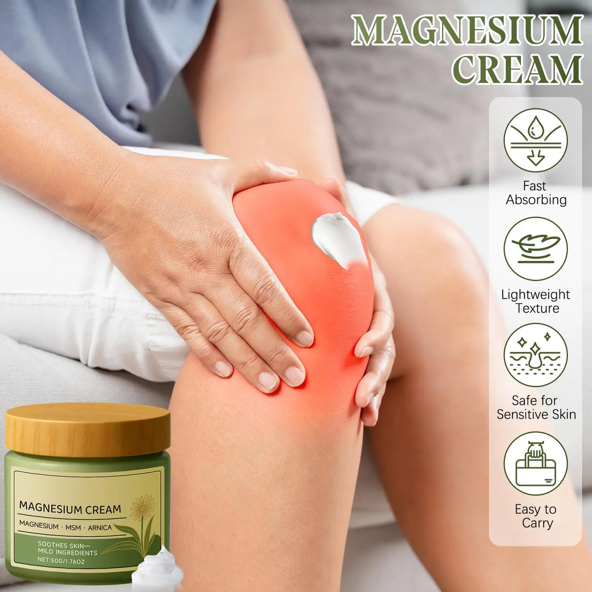 New Total Relief Soothe Magnesium Soothing Body Cream Non-Greasy Knees Muscles External Massage Care MSM  Arnica Mild Daily Care
