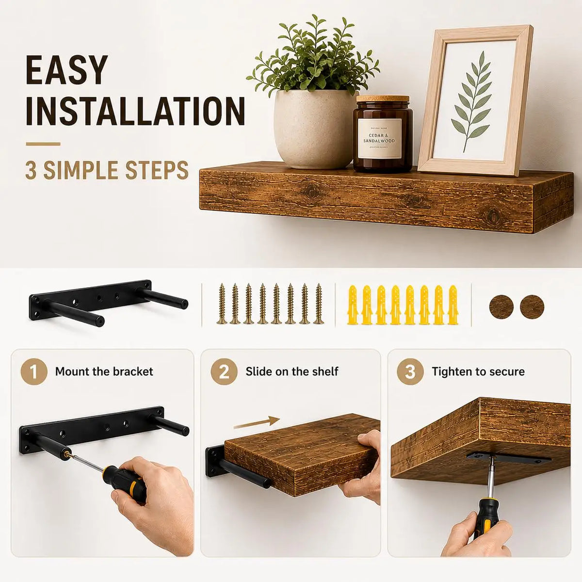 2Pcs Rustic Wooden Floating Shelves 16 Inch Wall Mounted Storage Rack Vintage Brown Wood Display Ledge Organizer Space Saving Shelf for Bathroom Bedroom Kitchen Living Room Home Decor