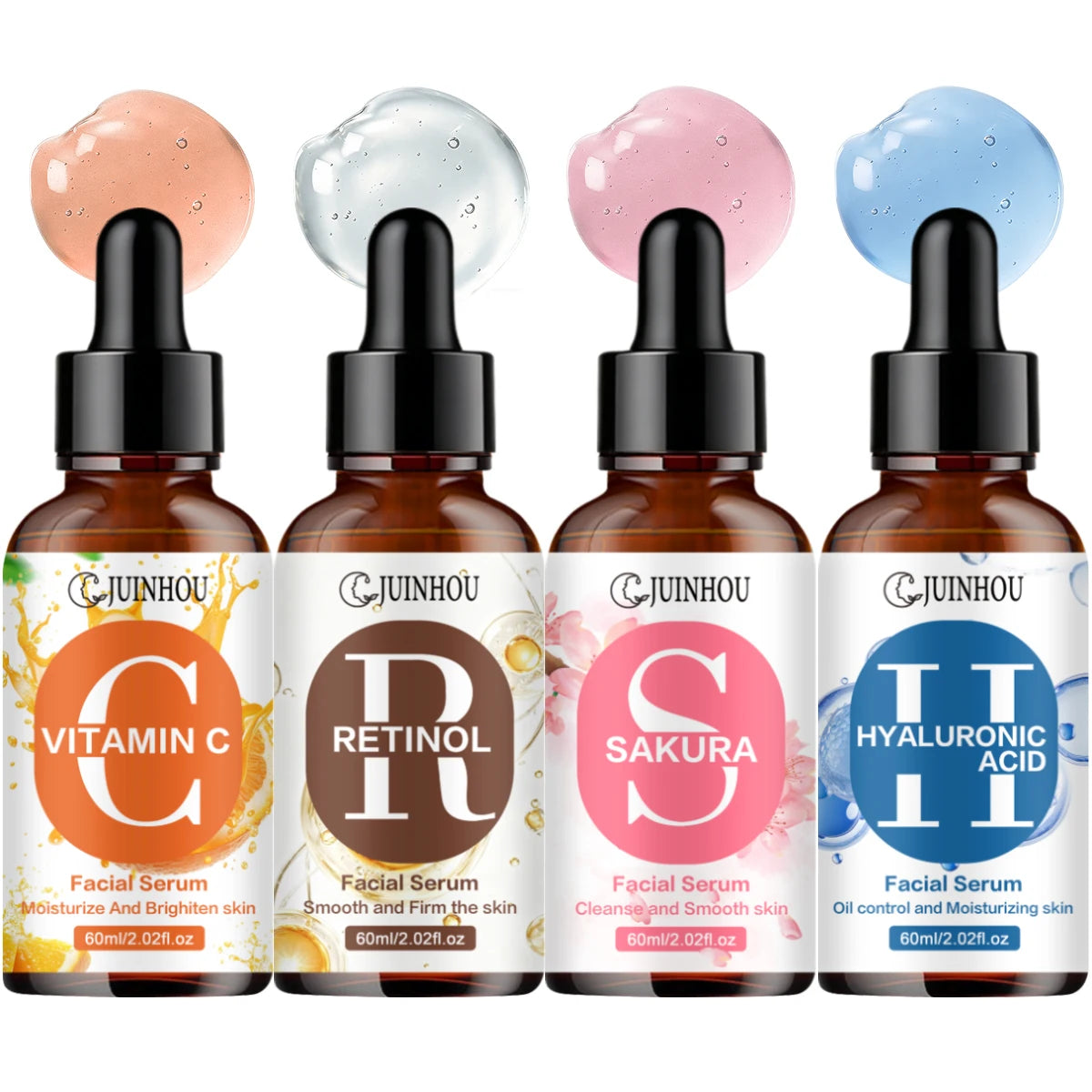 JUINHOU 4pcs Vitamin C + Retinol +Sakura + Hyaluronic Acid Serum Brightening & Hydration Combo Supple Skin For All Skin Type