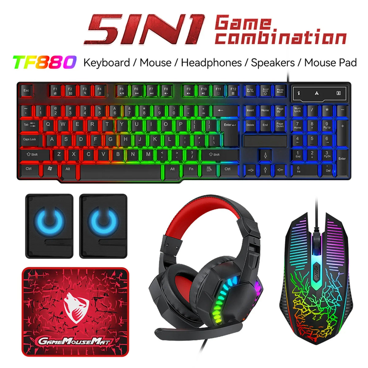 2026 NEW 5-in-1 Set Gaming Combo Keyboard 4-color Breathing Light Mouse 3.5mm Gaming Headset Gaming Speaker Anti-slip Mouse Pad