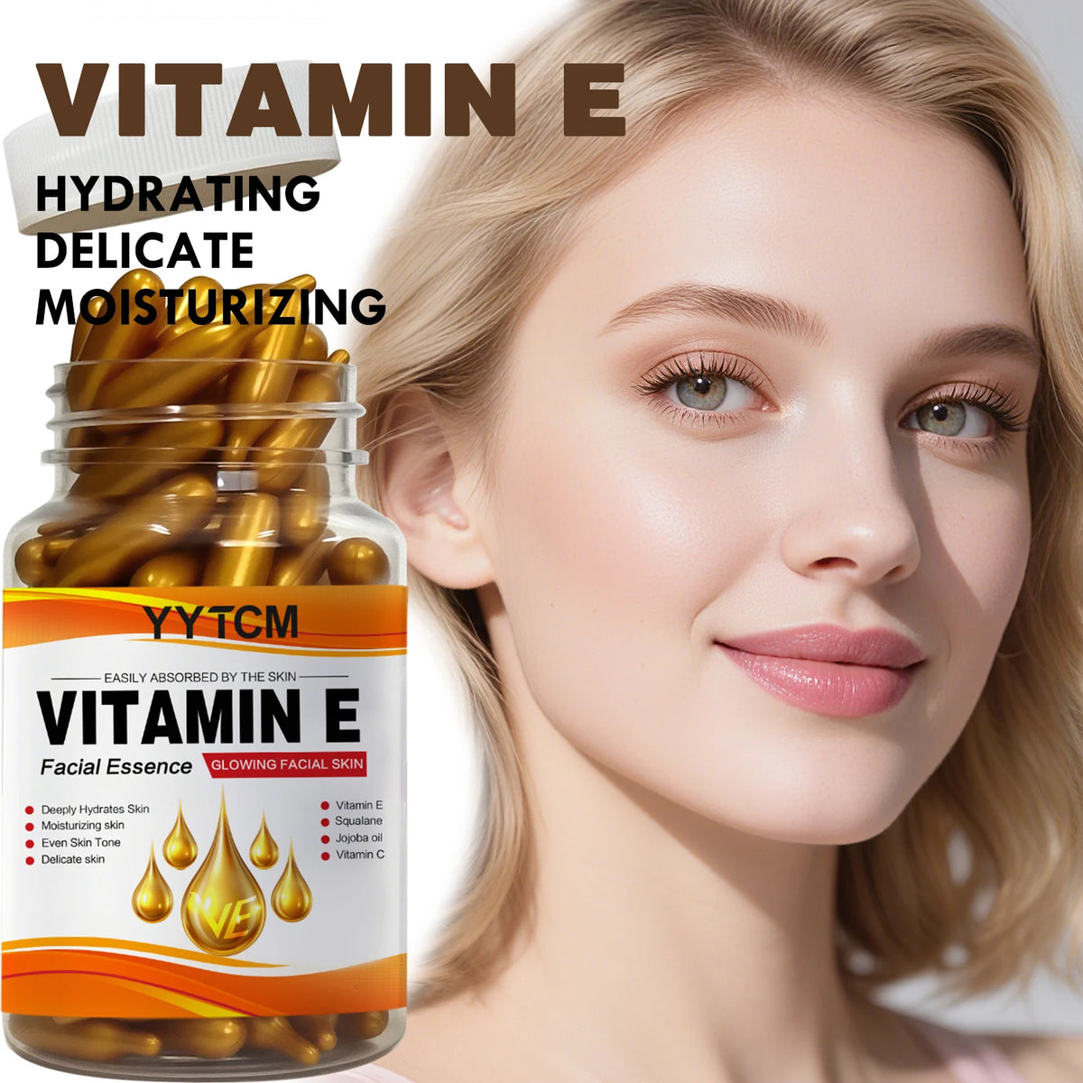 Vitamin E Deep Moisturizing Capsule Essence, Hydrates and Smooths Skin, Contains Plant-Based Squalane, Vitamin C, Deep Hydration and Brightening Skin Essence, 18 Capsules/30 Capsules/48 Capsules/60 Capsules/90 Capsules/120 Ca