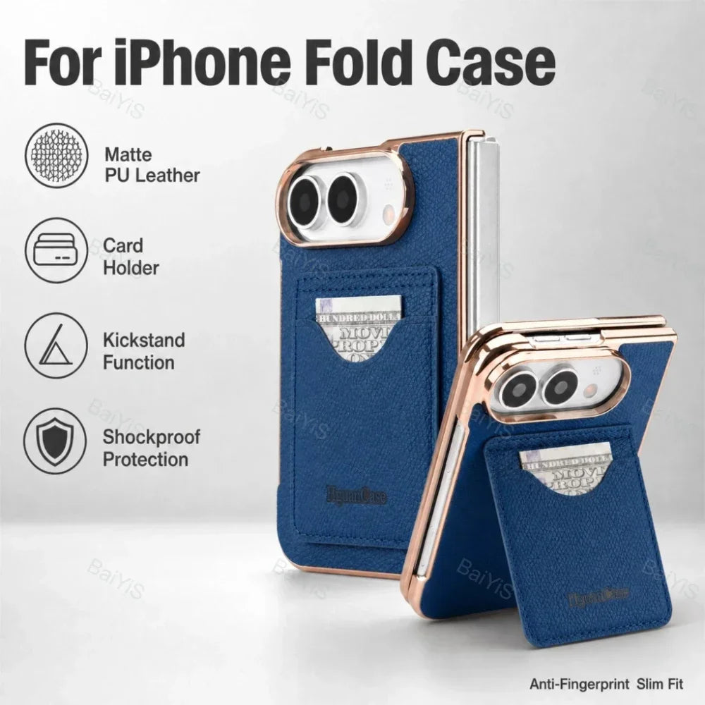 Matte PU Leather Card Phone Case For iPhone Duo 18 Fold Electroplated Frame Foldable Kickstand Drop Protection Cover
